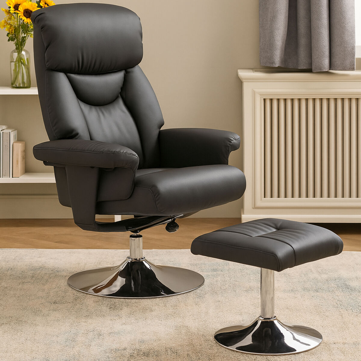 Denton Black Leather Effect Reclining Chair And Footstool