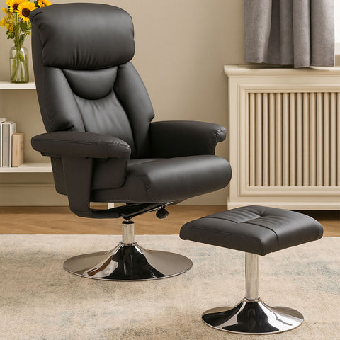 Denton Black Leather Effect Reclining Chair And Footstool
