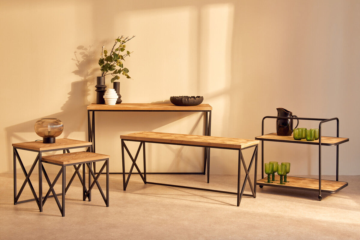 Kickford Parquet Fir Wood Set Of Two Nesting Tables
