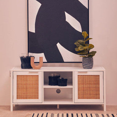 Sherman White Wood and Rattan Media Unit