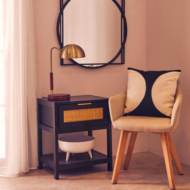 Sherman Black Wood and Natural Rattan One Drawer Bedside Table
