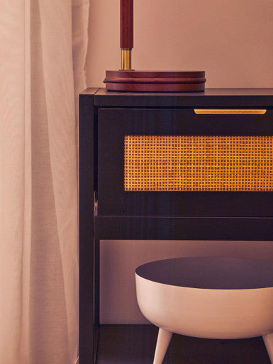 Sherman Black Wood and Natural Rattan One Drawer Bedside Table