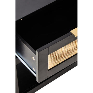 Sherman Black Wood and Natural Rattan One Drawer Bedside Table