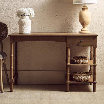 Brown Pine Wood Console Table with 1 Storage Drawer and 2 Shelves, Heritage