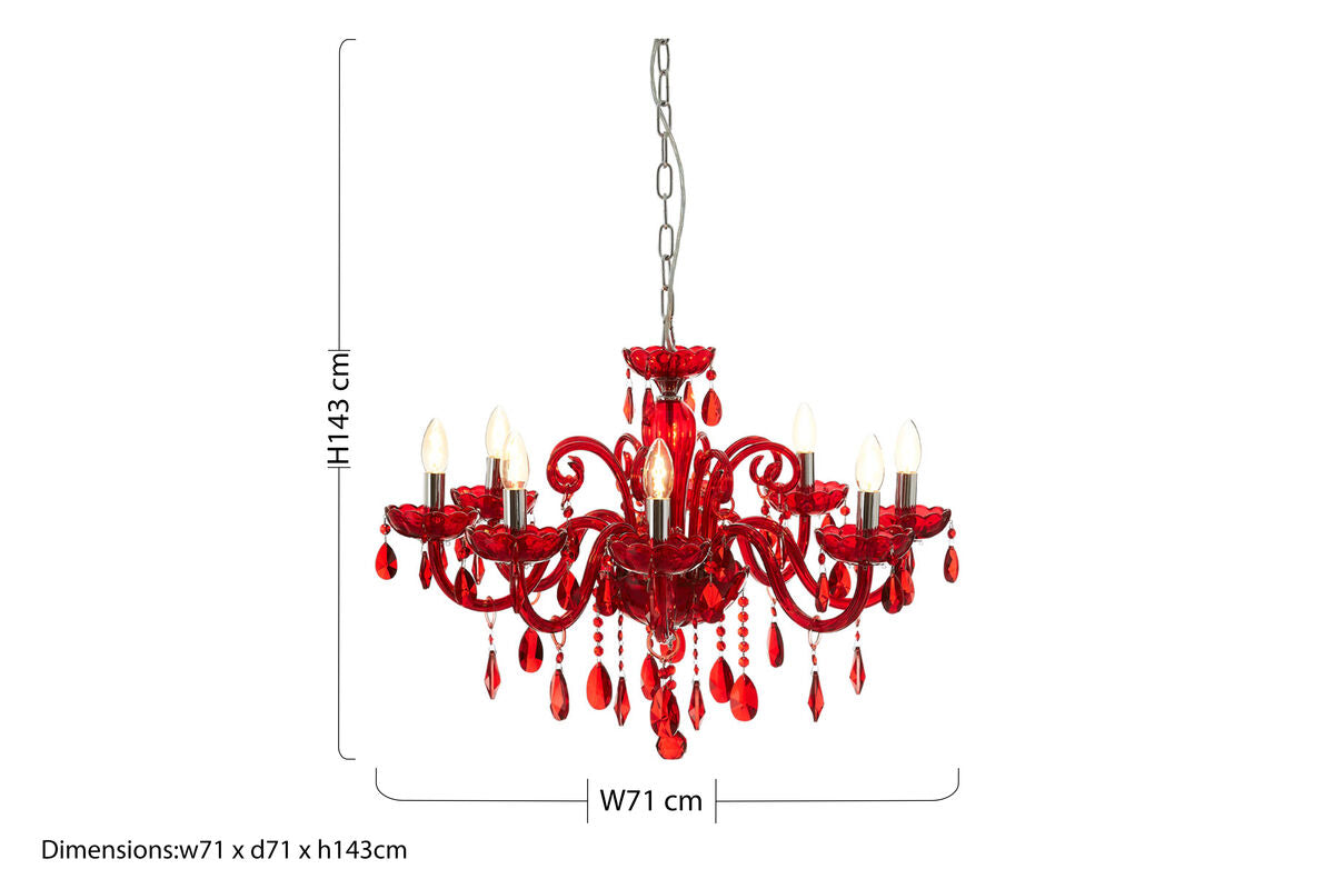 Murano 8 Bulb Chrome And Red Crystal Glass Chandelier