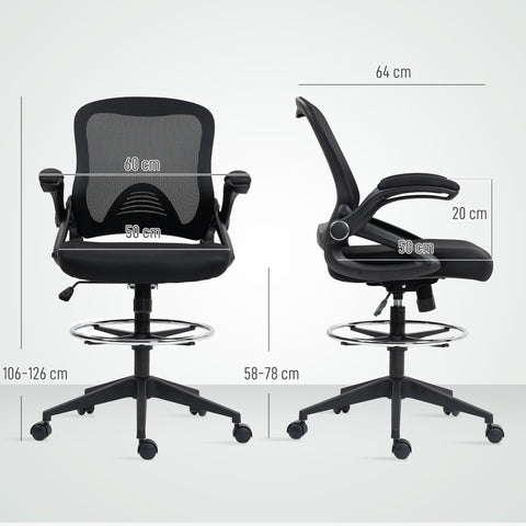 Vinsetto Drafting Chair with Flip-up Armrest, Mesh Office Stool with Foot Ring, 360° Swivel Height Adjustable Chair for Standing Desk, Black