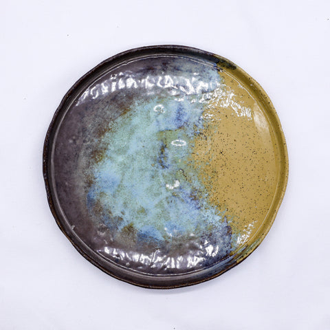 27 cm shoreline stoneware handmade ceramic dinner plate with glossy blue green glaze on speckled mustard yellow by ribera handmade ceramics