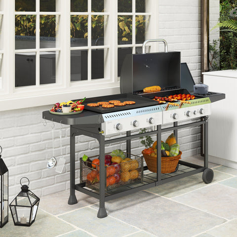Outsunny Deluxe Duo Gas BBQ, with Grill, Plancha and Side Burner - Black