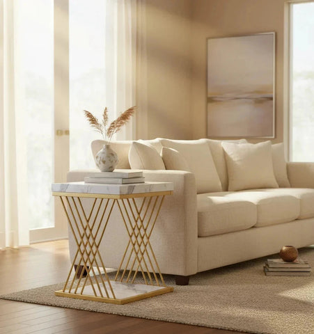 Chic Modern Square Side Table with Faux Marble Top