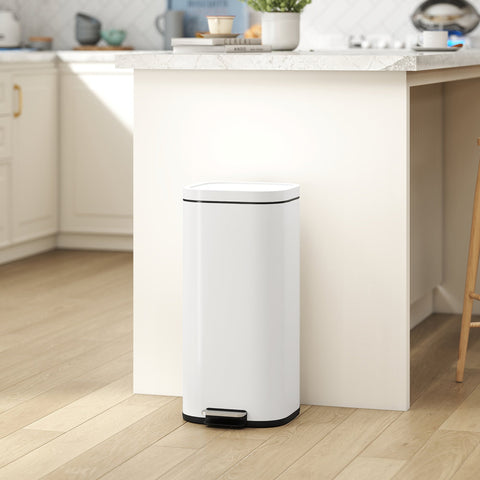 HOMCOM 30L Kitchen Bin, Compact Pedal Bin with Soft-Close and Stay-Open Lid, Removable Bucket for Kitchen, Home, Office, Cream