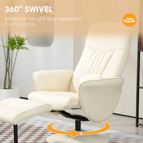 HOMCOM Swivel Recliner Chair with Footstool, PU Leather Armchair and Ottoman with High Back and Round Base for Living Room, Cream White