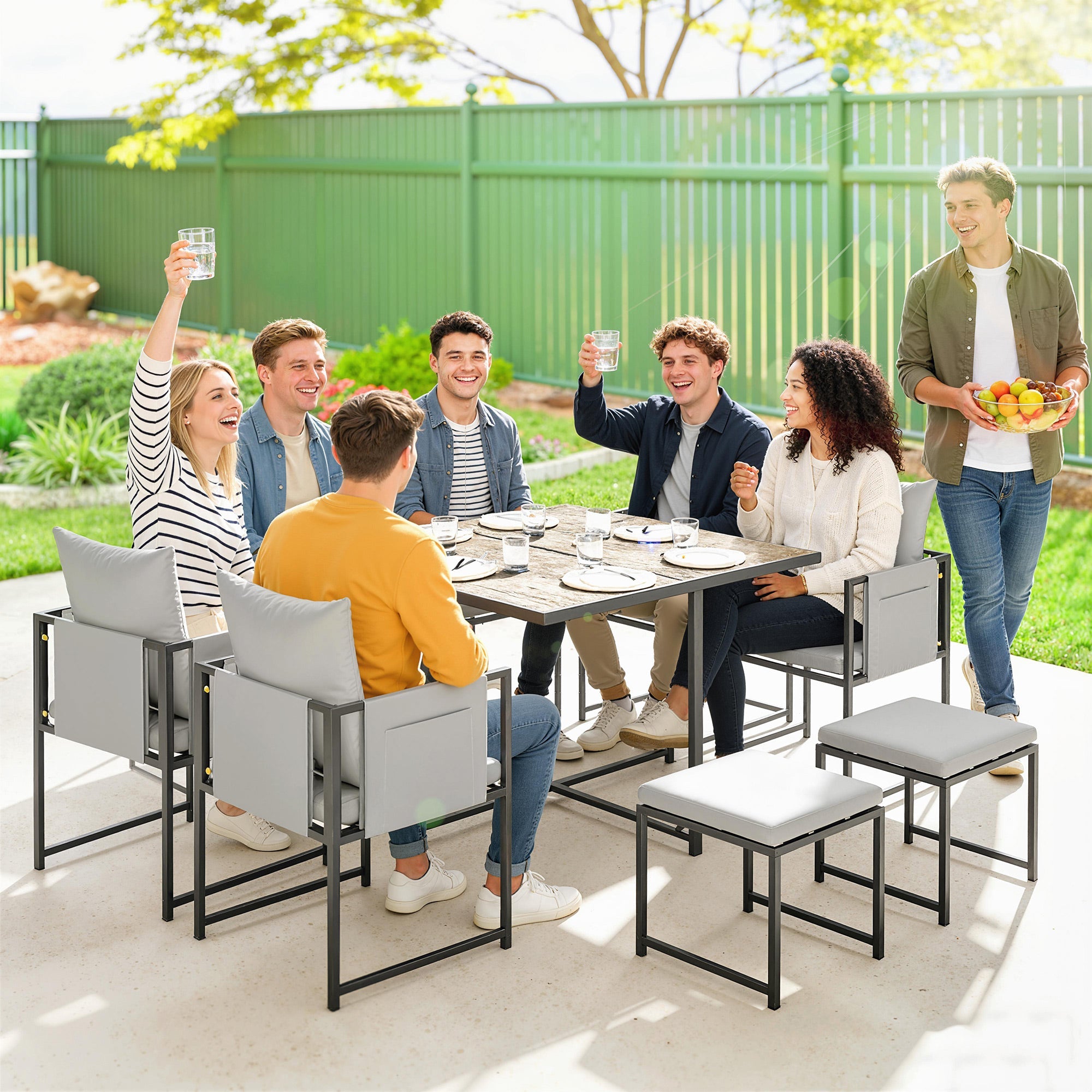 Outsunny Nine-Piece Steel Frame Garden Dining Set - Dark Grey