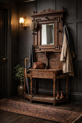 Antique Oak Hallway Coat & Hat Stand with Mirror and Storage