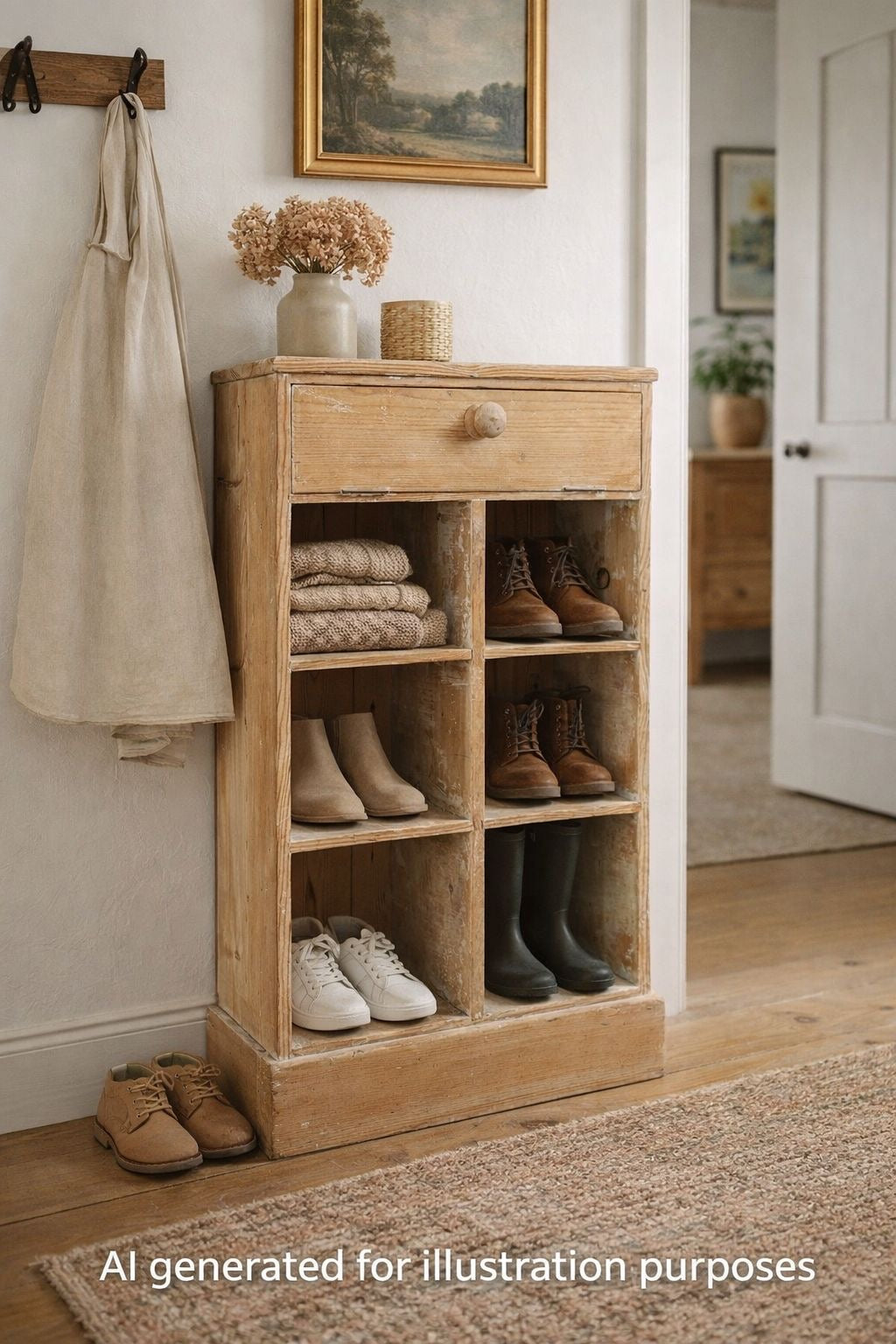 Rustic Pine Shoe Cupboard Pigeon Hole Cabinet Hall Storage Unit Drawer