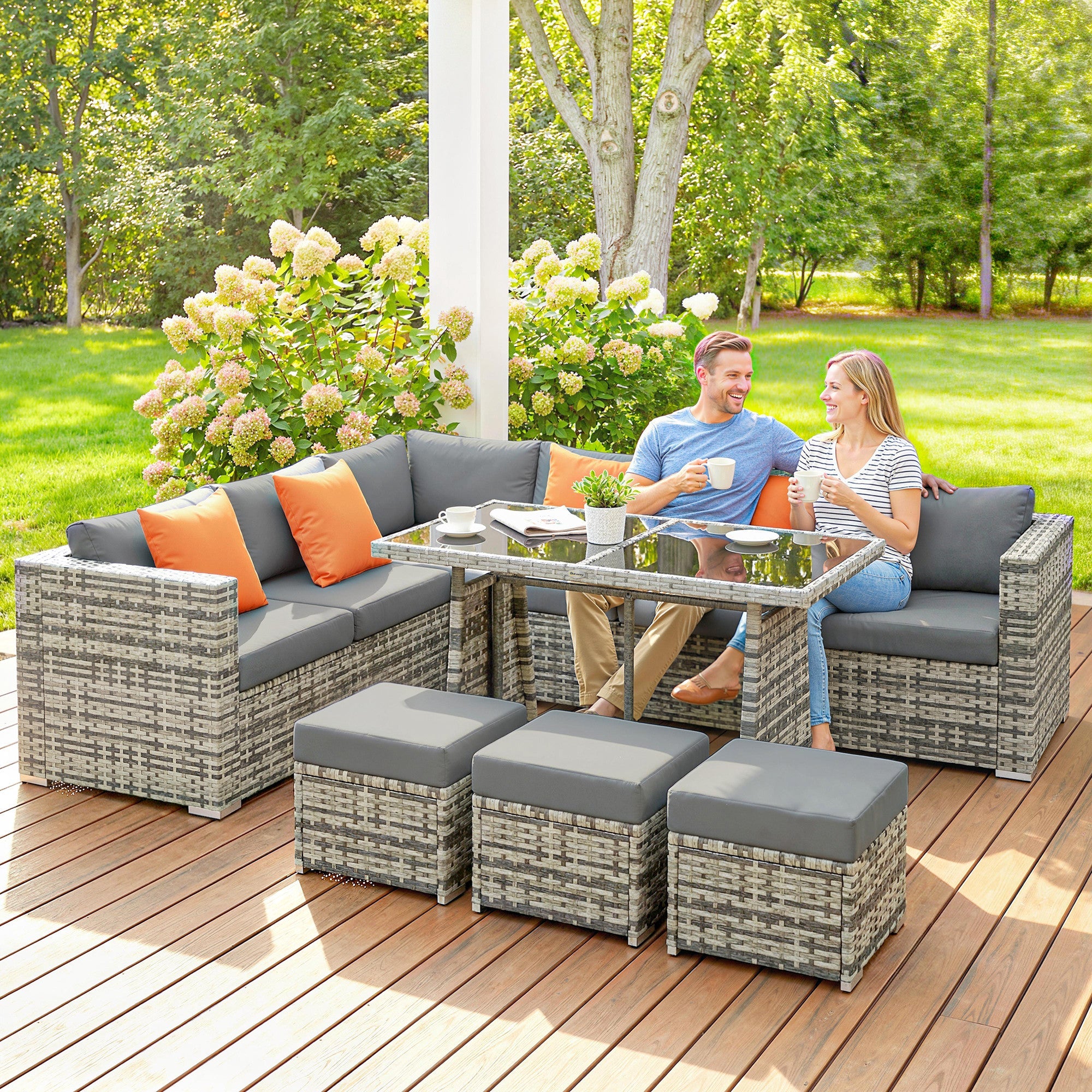 Outsunny 10 Piece Rattan Garden Furniture Set, 2 Corner Sofas with 4 Chairs, 4 Stools and Coffee Table, Outdoor Patio Furniture