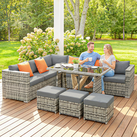 Outsunny 10 Piece Rattan Garden Furniture Set, 2 Corner Sofas with 4 Chairs, 4 Stools and Coffee Table, Outdoor Patio Furniture