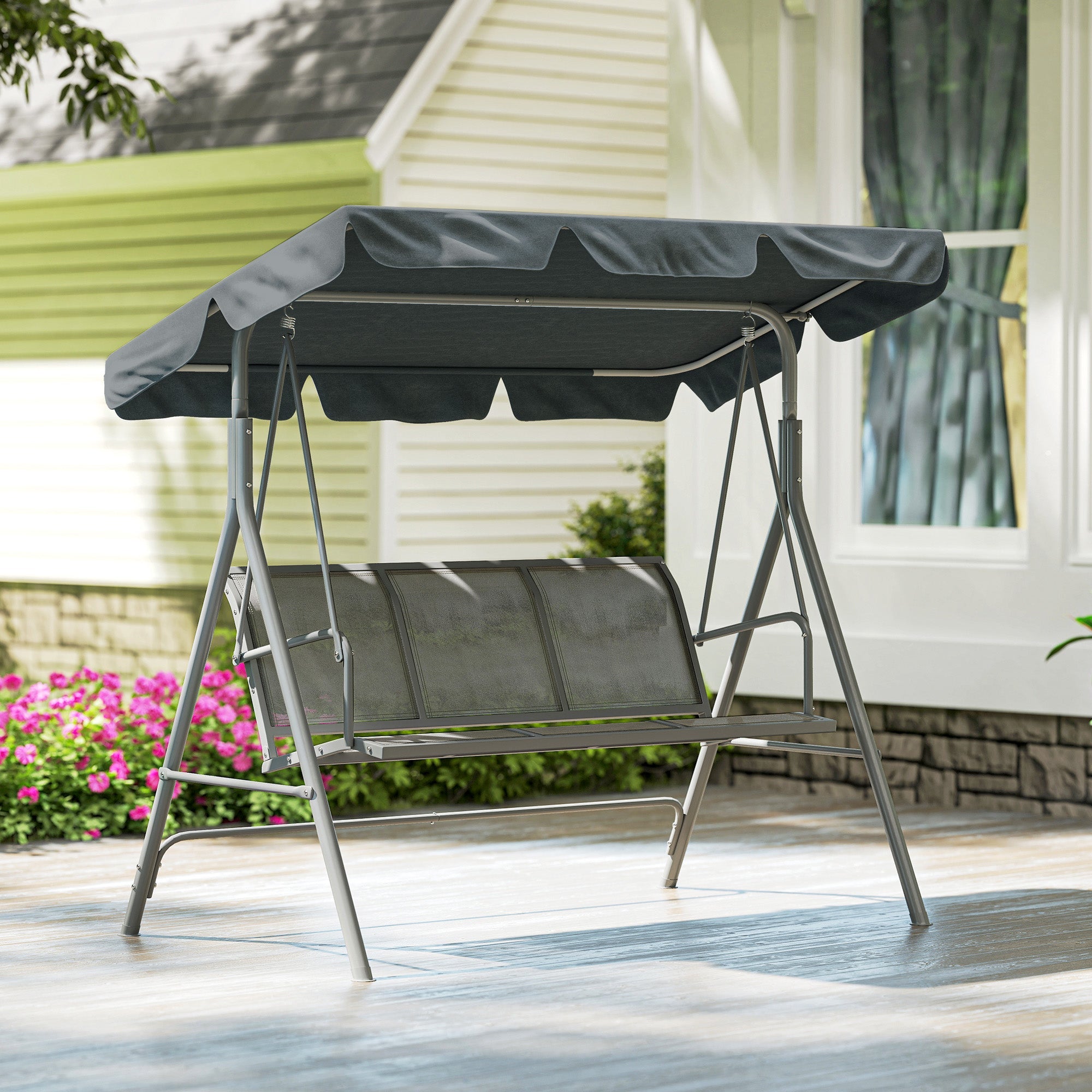 Outsunny 3 Seater Swing Chair, Garden Swing Bench with Adjustable Tilting Canopy, Breathable Mesh Seat and Heavy Duty Metal Frame for Patio, Garden, Dark Grey
