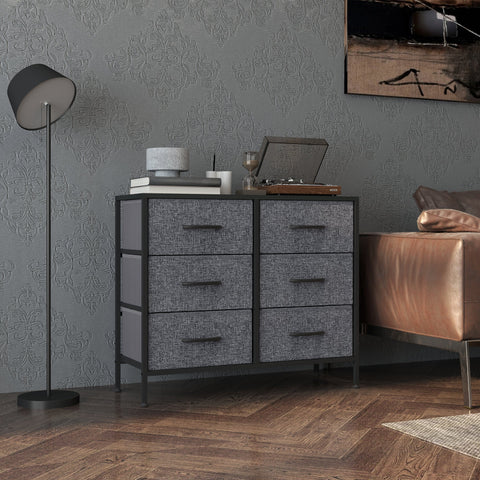 HOMCOM Fabric Chest of Drawers, Storage Drawers, Industrial Bedroom Dresser with 6 Fabric Drawers, Steel Frame and Wooden Top for Nursery, Living Room, Hallway, Black