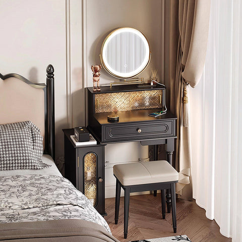 Nguyen Dressing Table With Side Cabinet & LED Mirror, Black