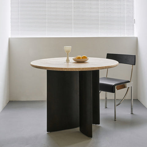 Boulanger Round Dining Table, Solid Wood & Travertine