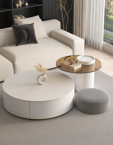Riviera Round Nesting Coffee Table Set With Ottoman, White