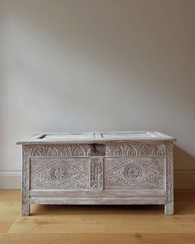 Lime Washed Carved Oak Blanket Box