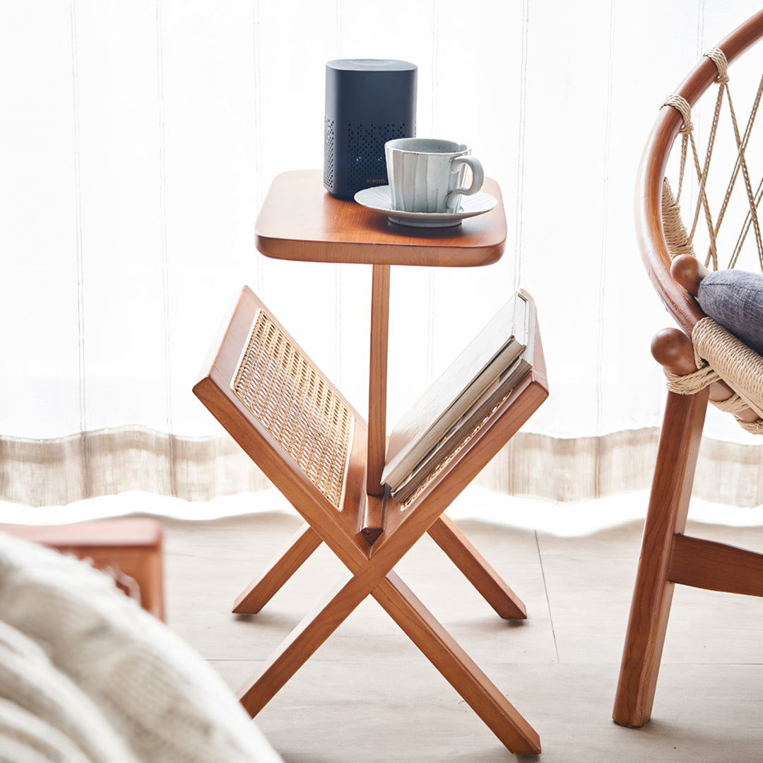 Lucas Side Table With Magazine Rack, Solid Wood & Rattan