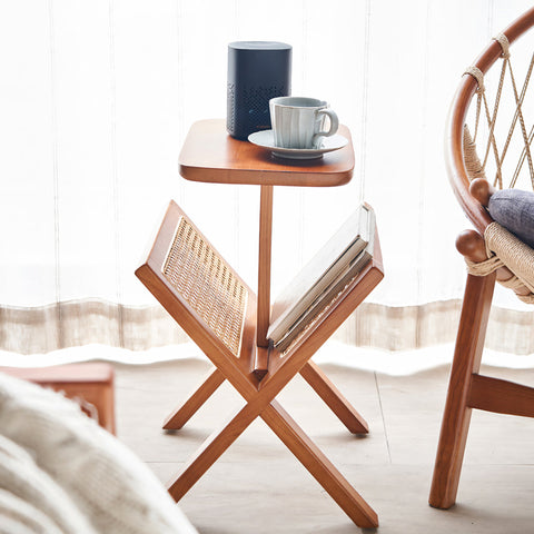 Lucas Side Table With Magazine Rack, Solid Wood & Rattan