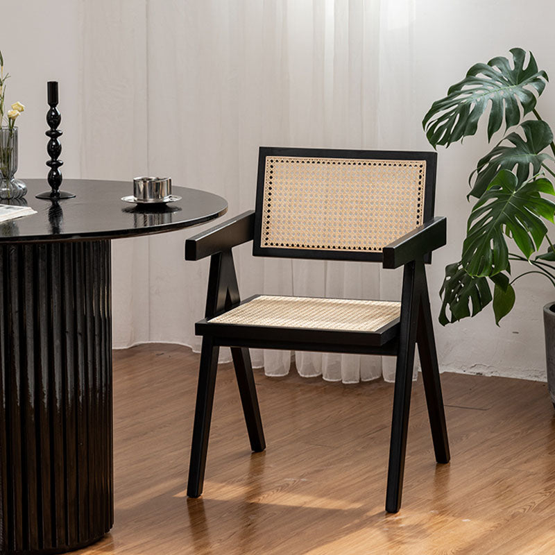 A Set Of Two Black Cane Rattan Dining Chair, Solid Wood