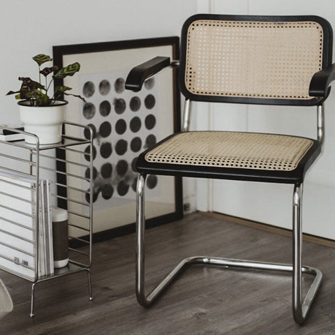 Classic Keaton Rattan Dining Chair, Leather & Chrome, Armless