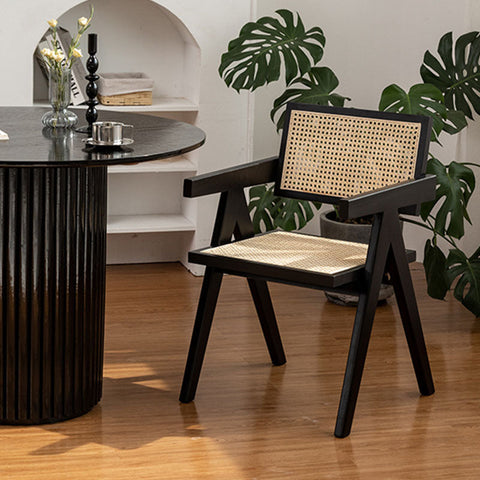 A Set Of Two Black Cane Rattan Dining Chair, Solid Wood