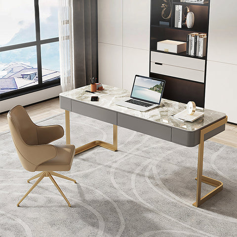 Leila Home Office Desk With Drawers, Grey & Gold
