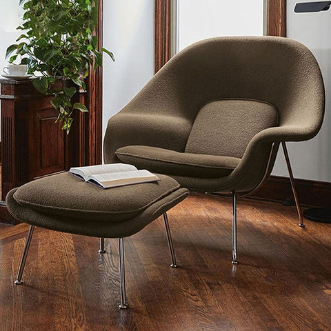 Womb Style Chair & Ottoman In Premium Velvet or Linen, White