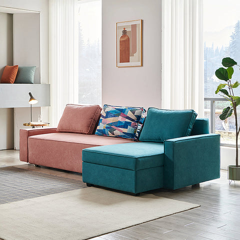 Adnan L Shape Three Seater Corner Sofa Bed, With Storage, Blue & Pink