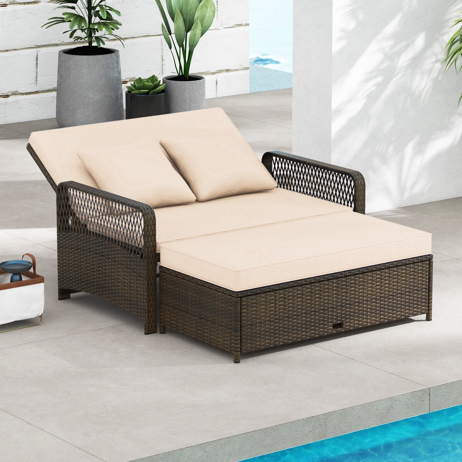 2-Piece Outdoor Wicker Loveseat Sofa Furniture with Storage Ottoman-Brown