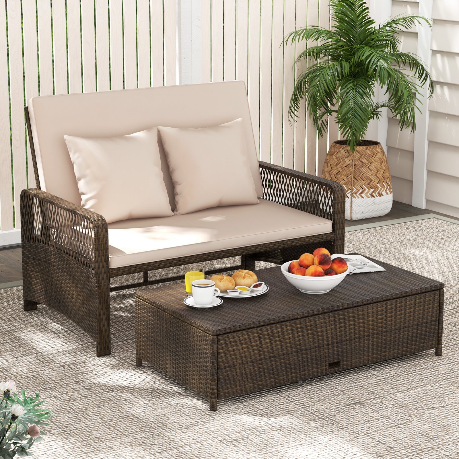 2-Piece Outdoor Wicker Loveseat Sofa Furniture with Storage Ottoman-Brown