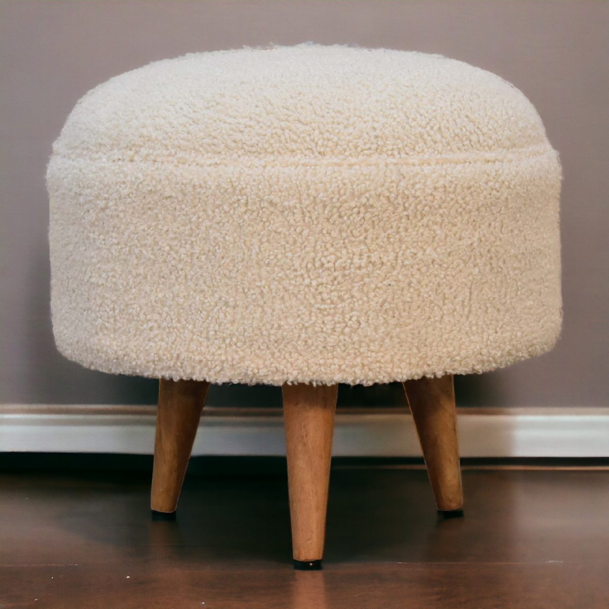Artisan Furniture Solid Mango Wood Cream Boucle Rounded Footstool
