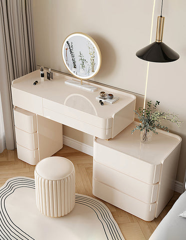 López Dressing Table With 2 Side Cabinets & LED Mirror and Stool, Cream