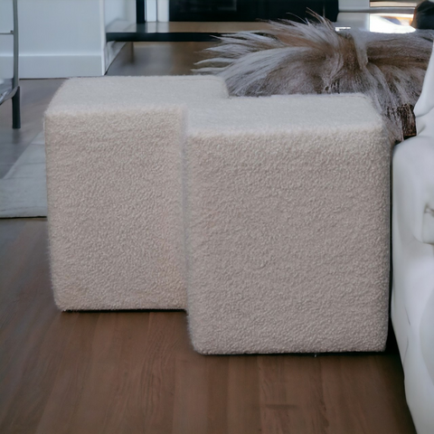 Artisan Furniture Solid Mango Wood White Boucle Twin Footstool