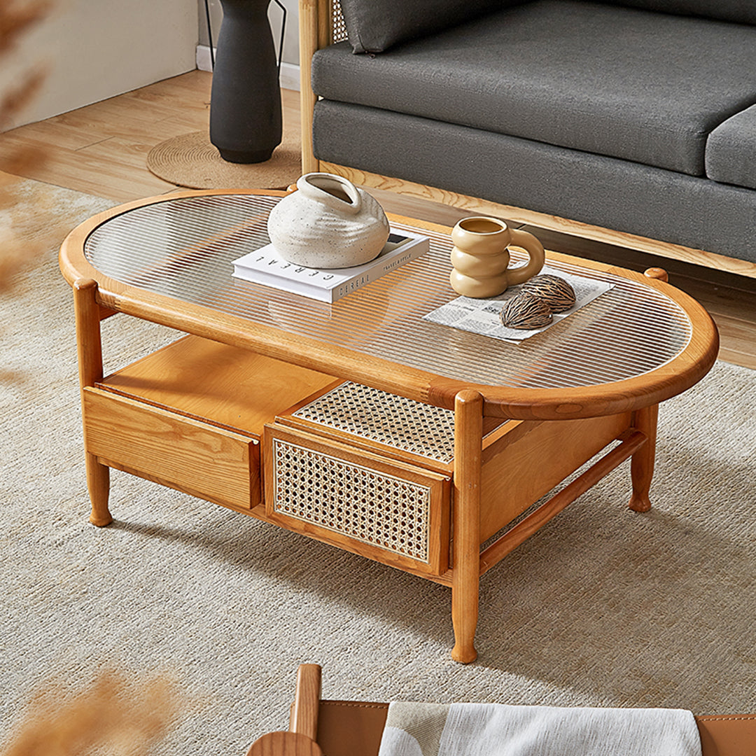 Alethea Rattan Coffee Table, Glass & Solid Wood