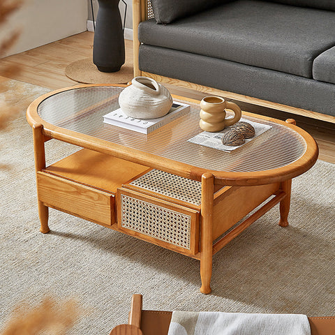 Alethea Rattan Coffee Table, Glass & Solid Wood