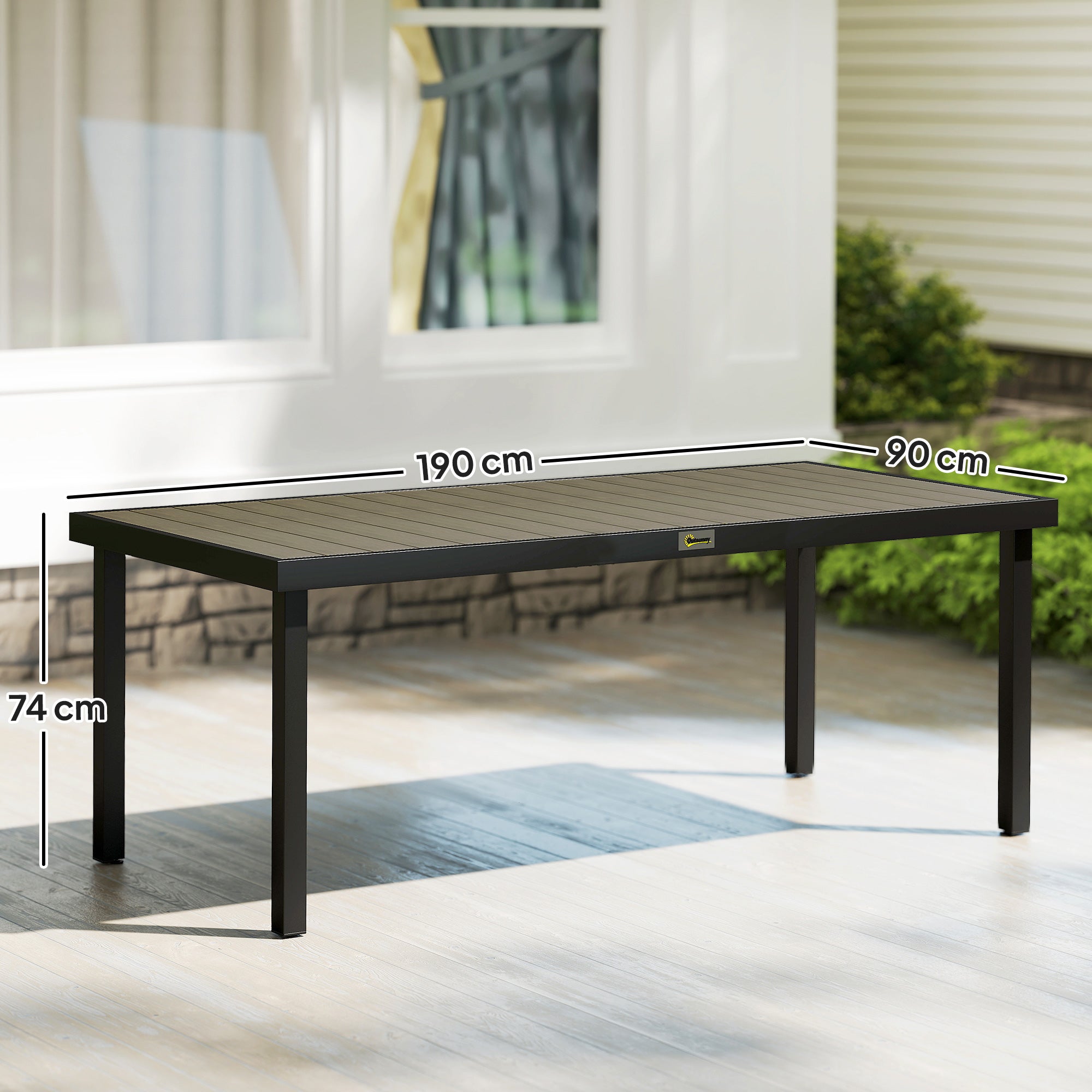 Outsunny Aluminium Outdoor Garden Dining Table for 8 People, Faux Wood Top, for Garden, Patio, 190 x 90 x 74cm, Brown