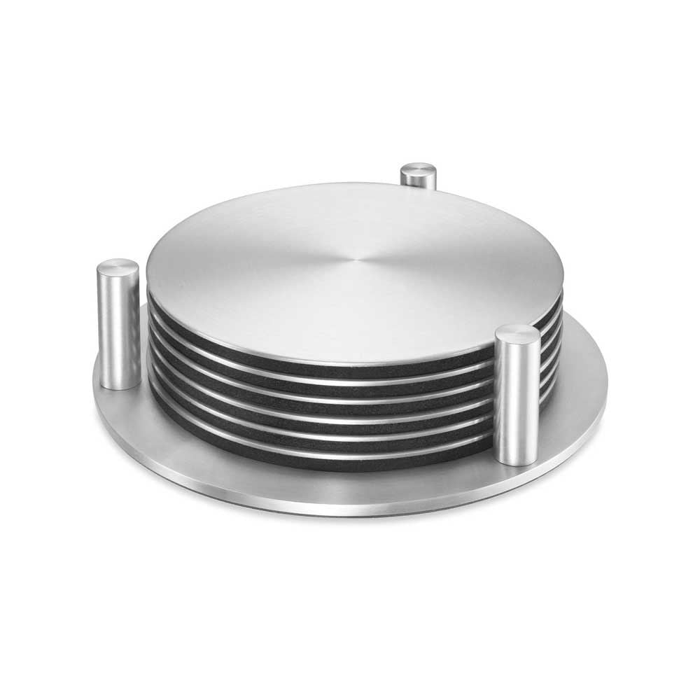 Zack Regio Brushed Stainless Steel Coaster Set with Stand | Set of 6