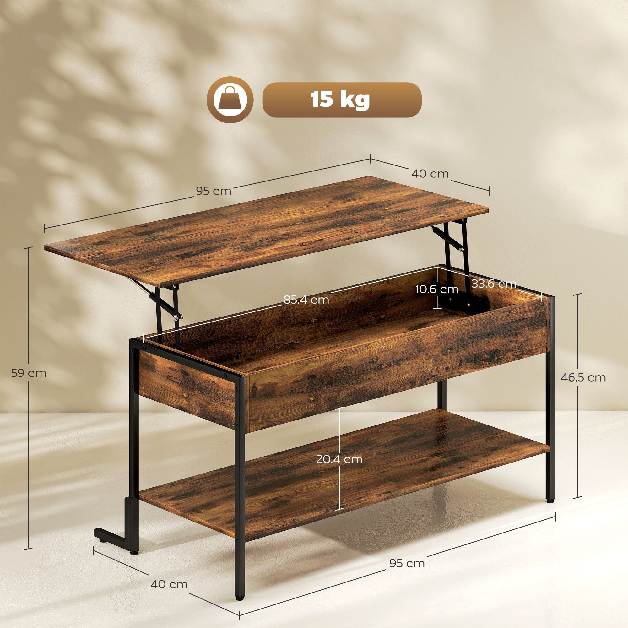 HOMCOM Lift-Top Coffee Table, with Storage - Rustic Brown