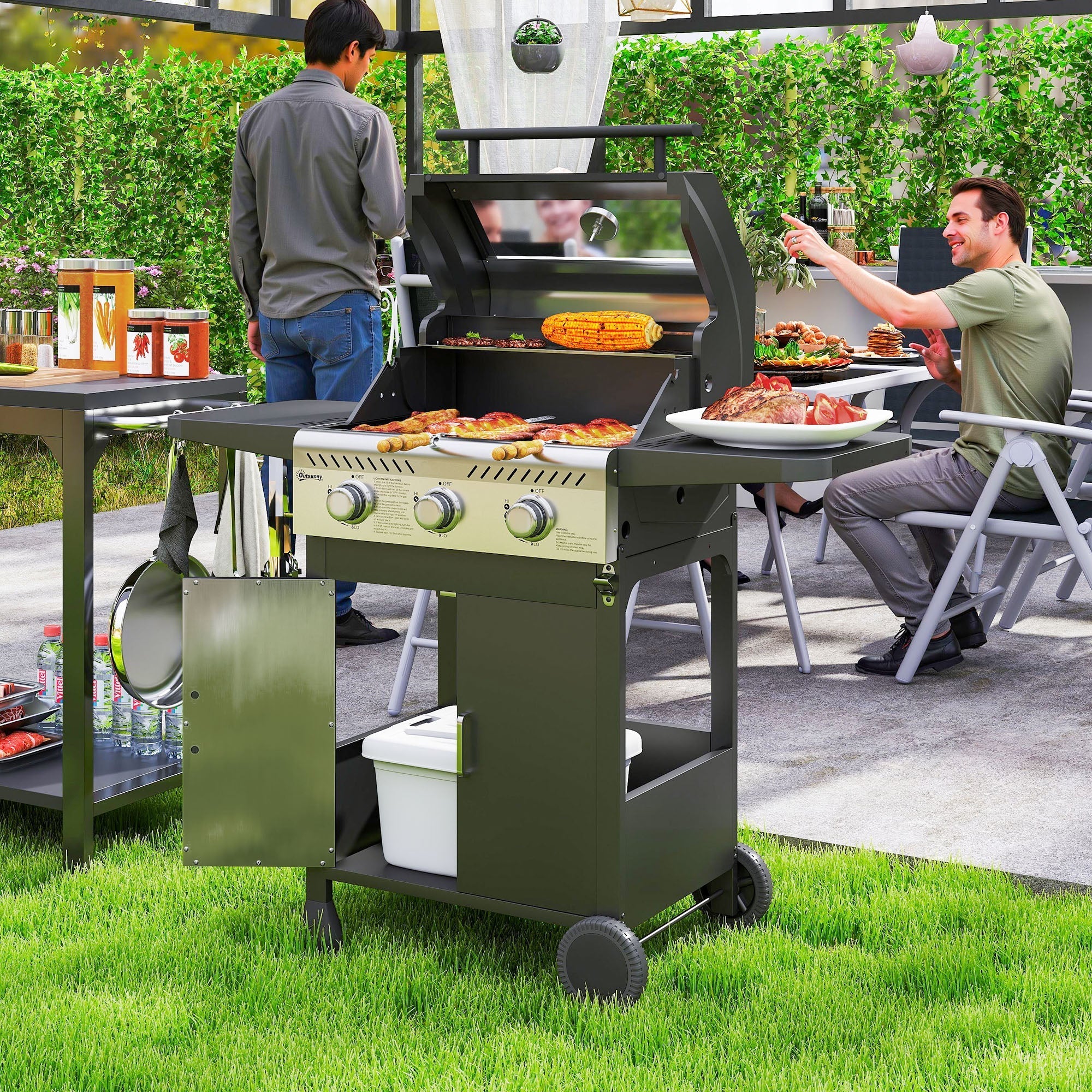 Outsunny 7.5kW Three-Burner Gas BBQ Grill, with See-Through Lid - Black