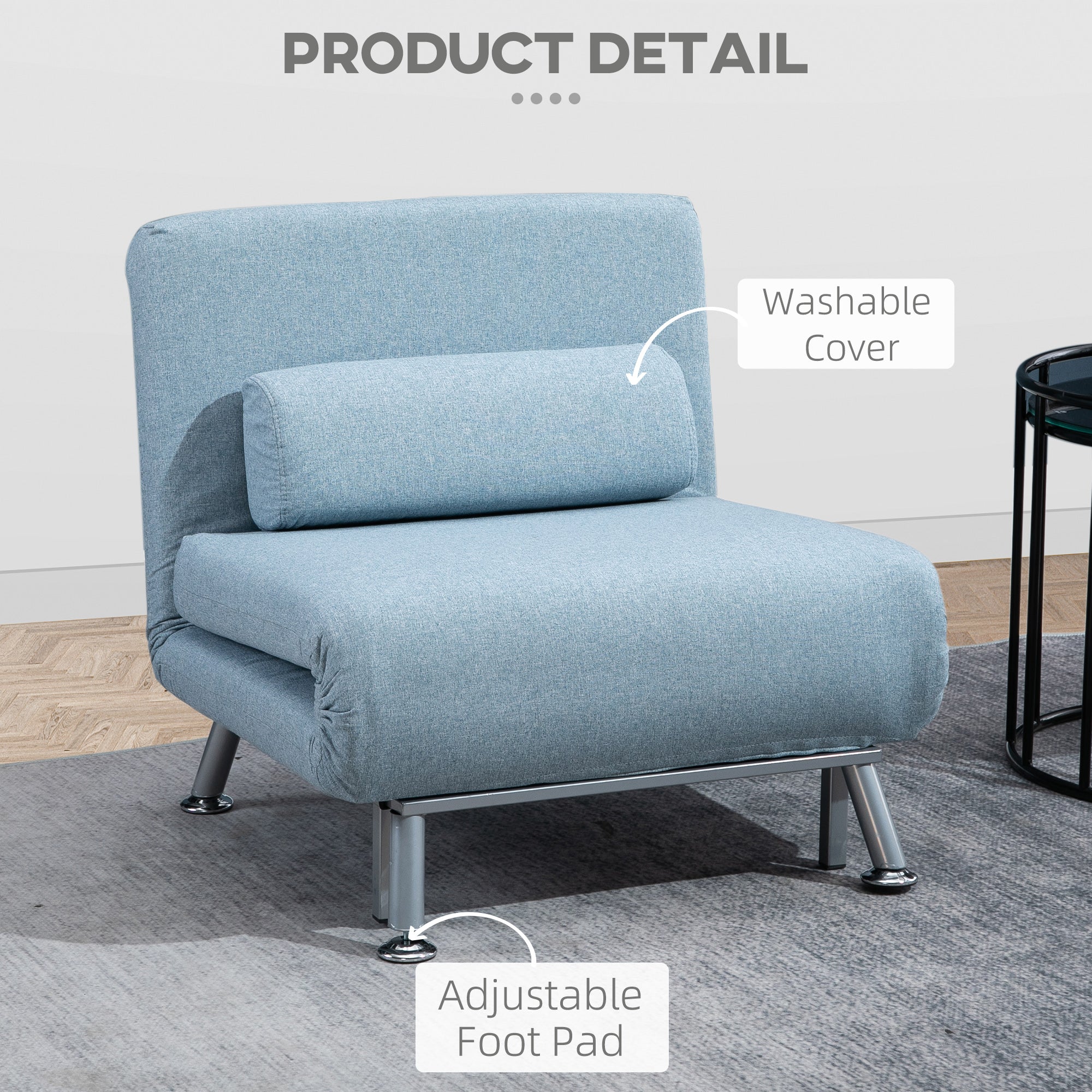 HOMCOM Linen Chair Bed, 3-in-1 Convertible Sleeper Chair with Adjustable Backrest, Pillow, for Living Room, Bedroom, Sky Blue