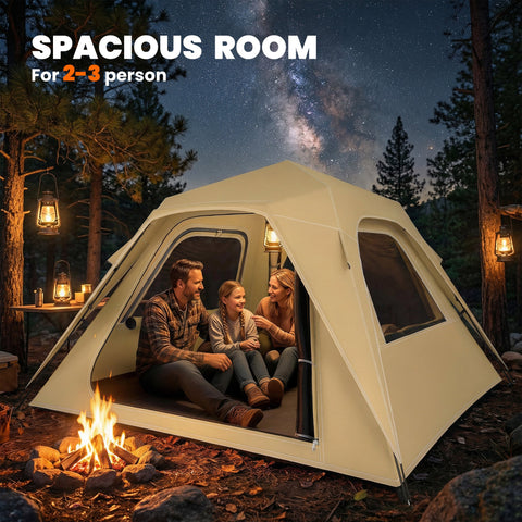 Outsunny Pop Up Tent 3000mm Waterproof Camping Tents with Mesh Windows 2-3 People Khaki