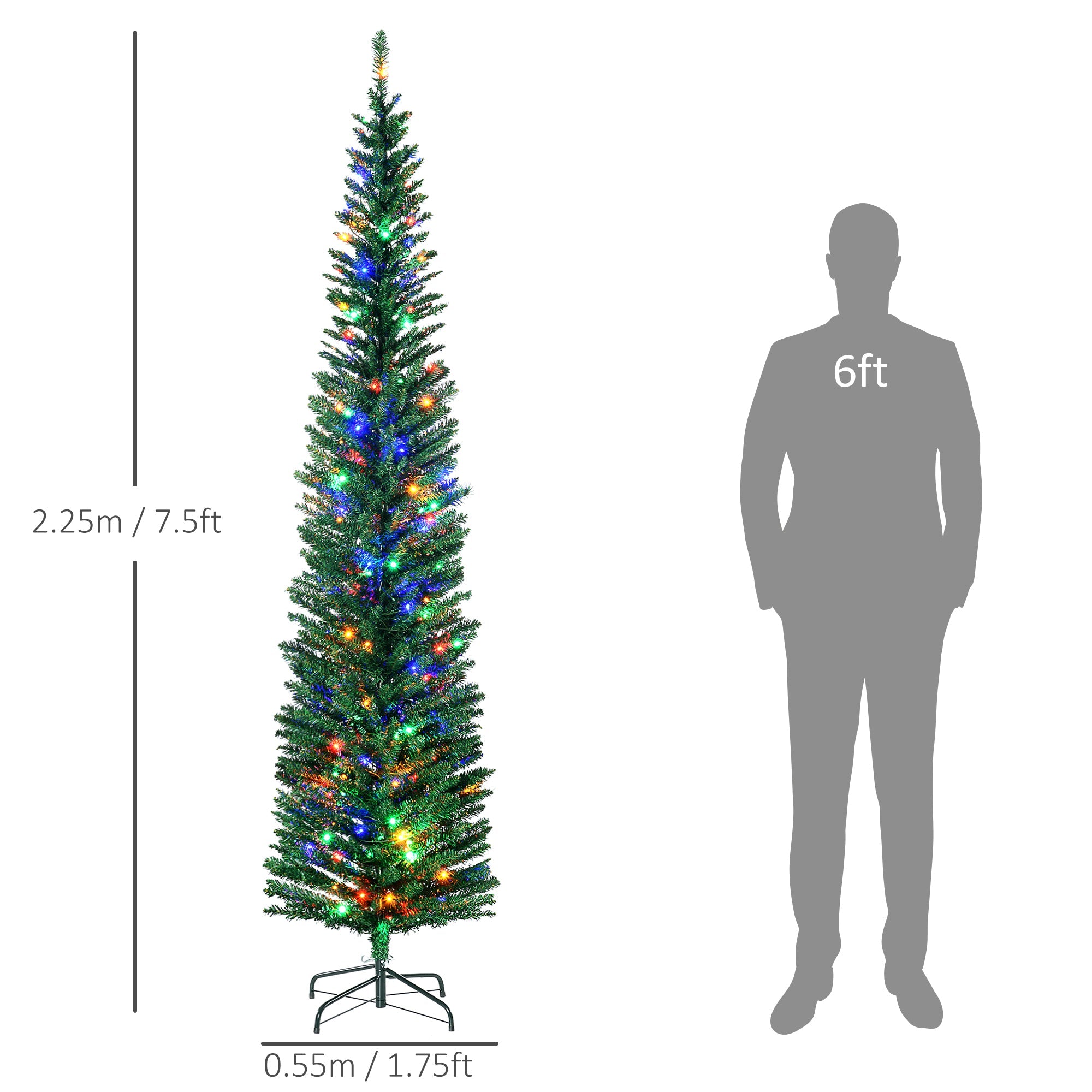 HOMCOM 7.5' Artificial Prelit Christmas Trees Holiday D\'c3\'a9cor with Colourful LED Lights, Pencil Shape, Steel Base