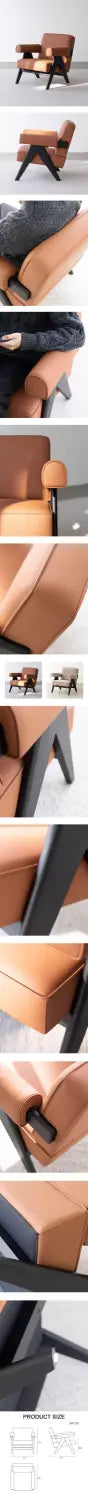 bertran armchair in brown microfiber leather with tan leather upholstery and black wooden legs in an angular design