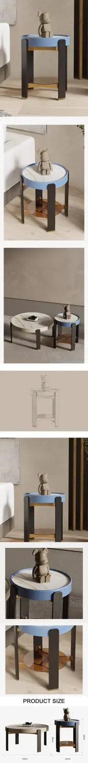 moira side table with light gray sintered stone top and dark rubber wood legs in a sleek minimalist design